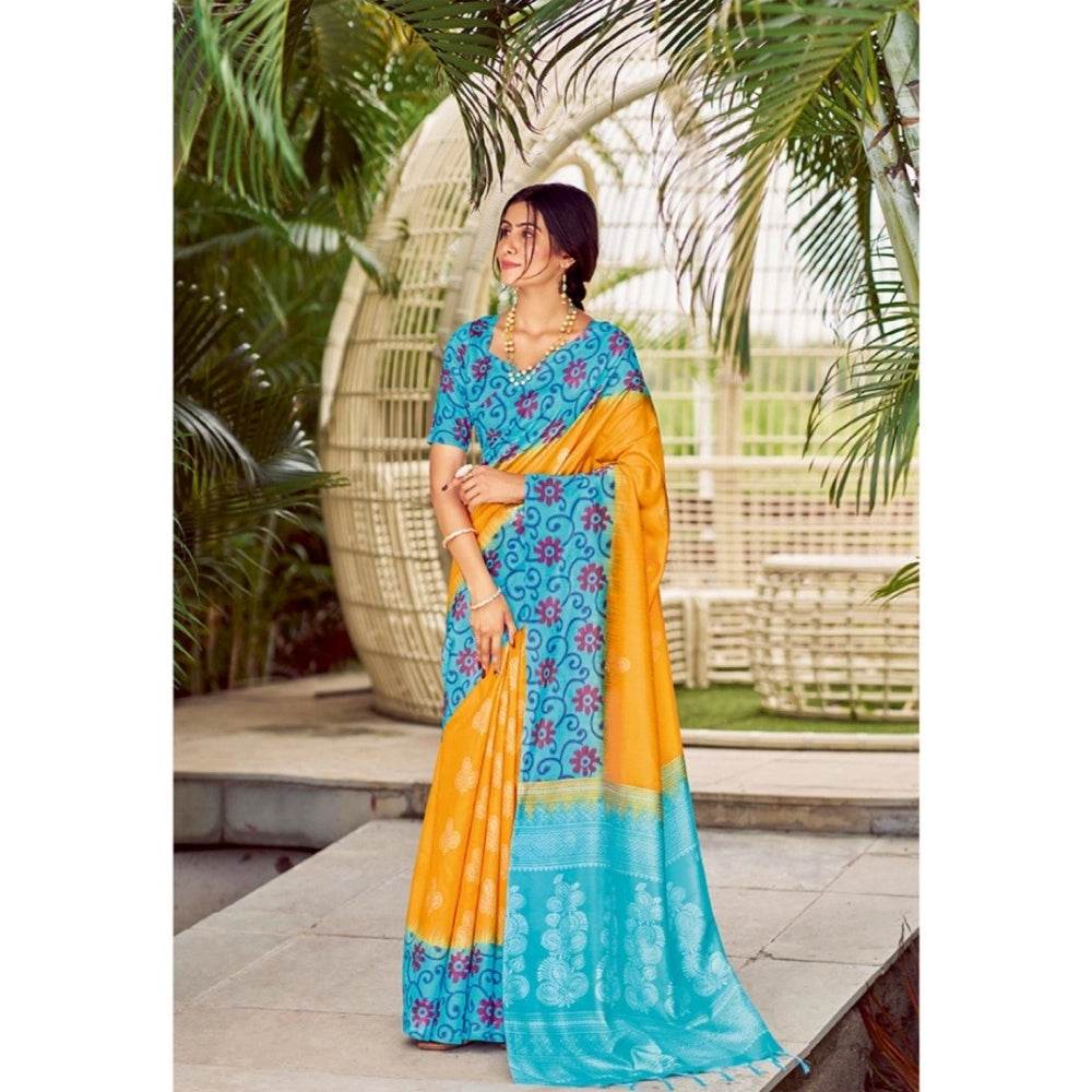 Generic Women's Cotton Blend Printed Saree With Unstitched Blouse (Yellow, 5-5 Mtrs) - MYLUXURY LANE ENTERPRISE