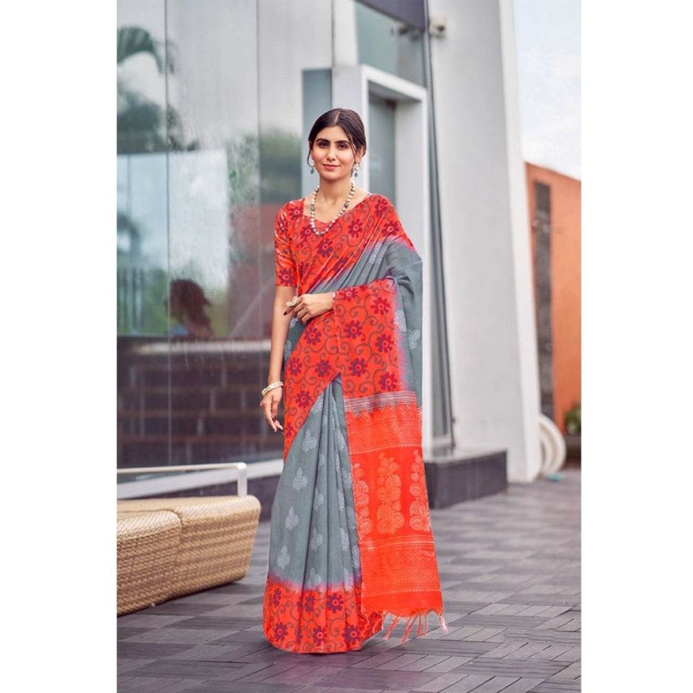 Generic Women's Cotton Blend Printed Saree With Unstitched Blouse (Grey, 5-5 Mtrs) - MYLUXURY LANE ENTERPRISE