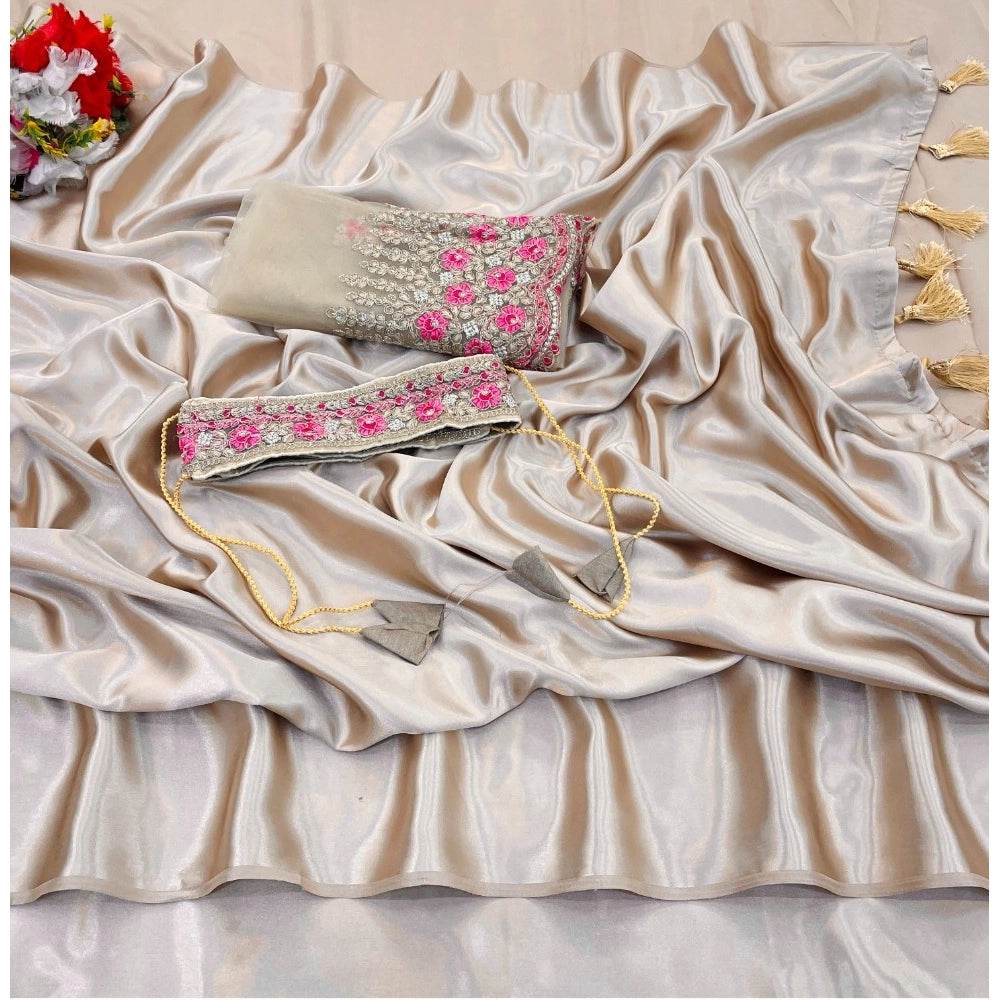 Generic Women's Satin Solid Saree With Unstitched Blouse (Beige, 5-5 Mtrs) - MYLUXURY LANE ENTERPRISE