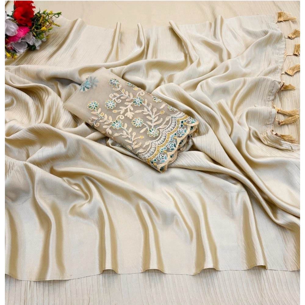 Generic Women's Satin Solid Saree With Unstitched Blouse (Yellow, 5-5 Mtrs) - MYLUXURY LANE ENTERPRISE