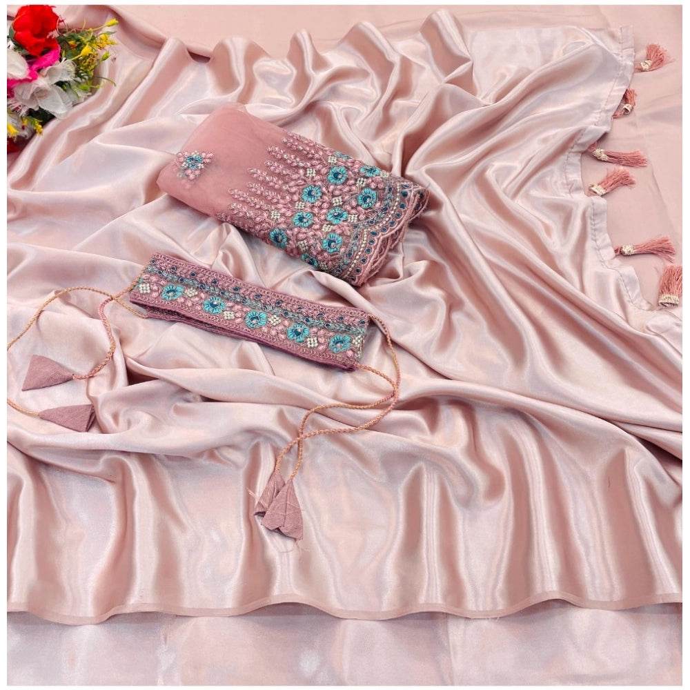 Generic Women's Satin Solid Saree With Unstitched Blouse (Pink, 5-5 Mtrs) - MYLUXURY LANE ENTERPRISE