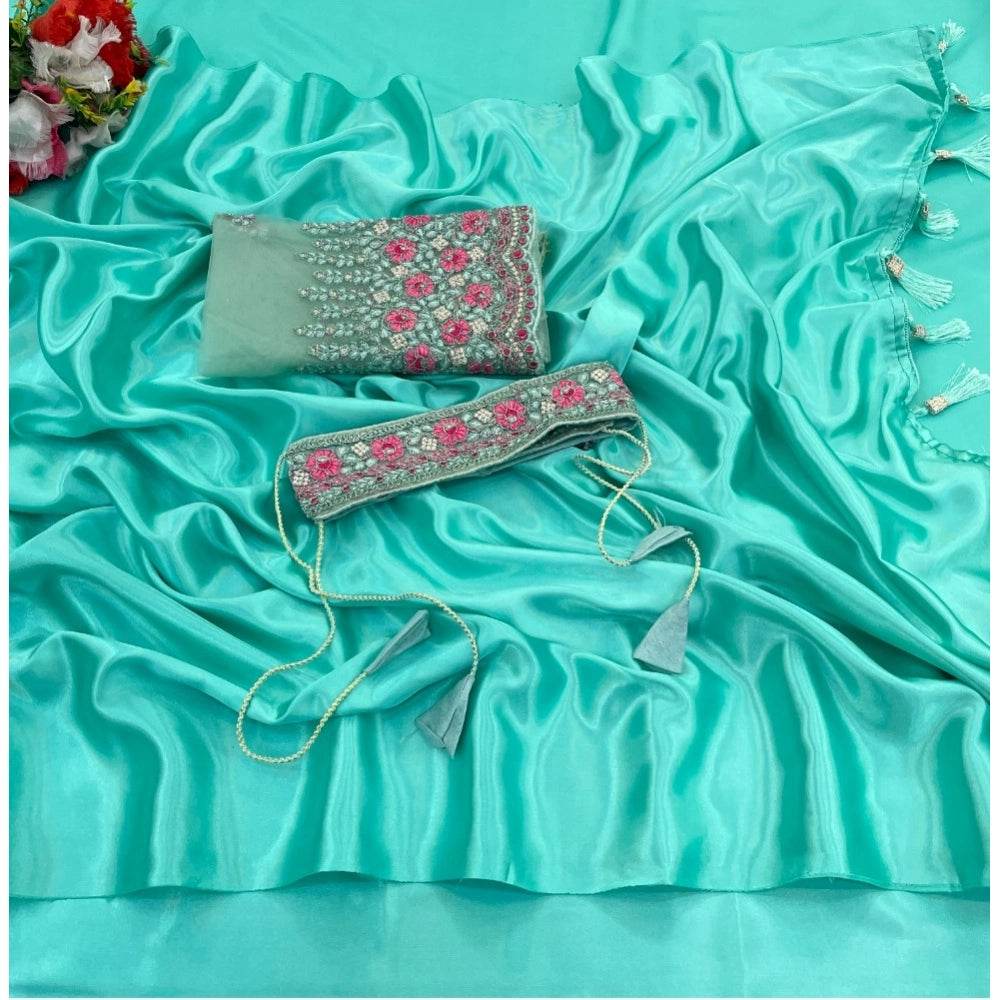 Generic Women's Satin Solid Saree With Unstitched Blouse (Skyblue, 5-5 Mtrs) - MYLUXURY LANE ENTERPRISE