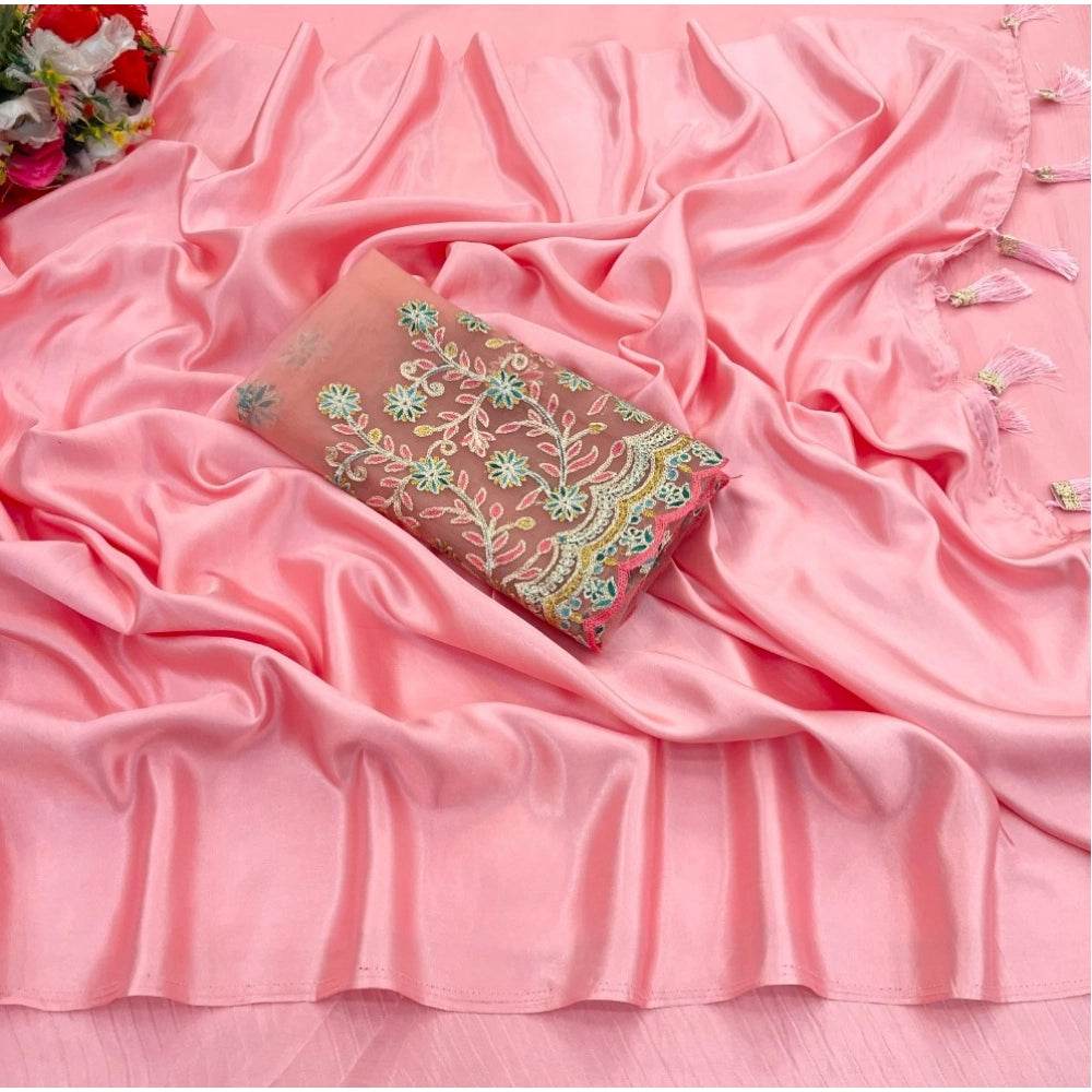 Generic Women's Satin Solid Saree With Unstitched Blouse (Pink, 5-5 Mtrs) - MYLUXURY LANE ENTERPRISE
