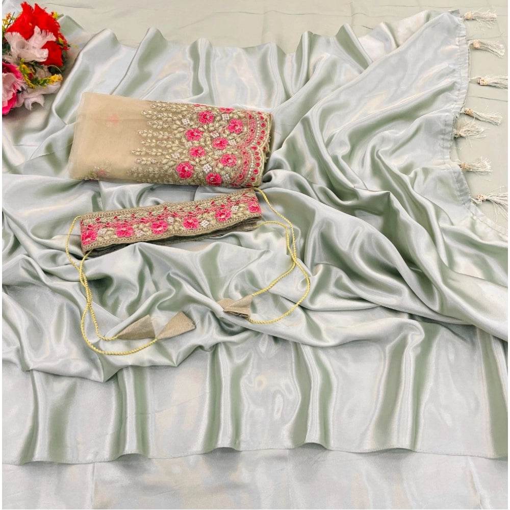 Generic Women's Satin Solid Saree With Unstitched Blouse (Offwhite, 5-5 Mtrs) - MYLUXURY LANE ENTERPRISE