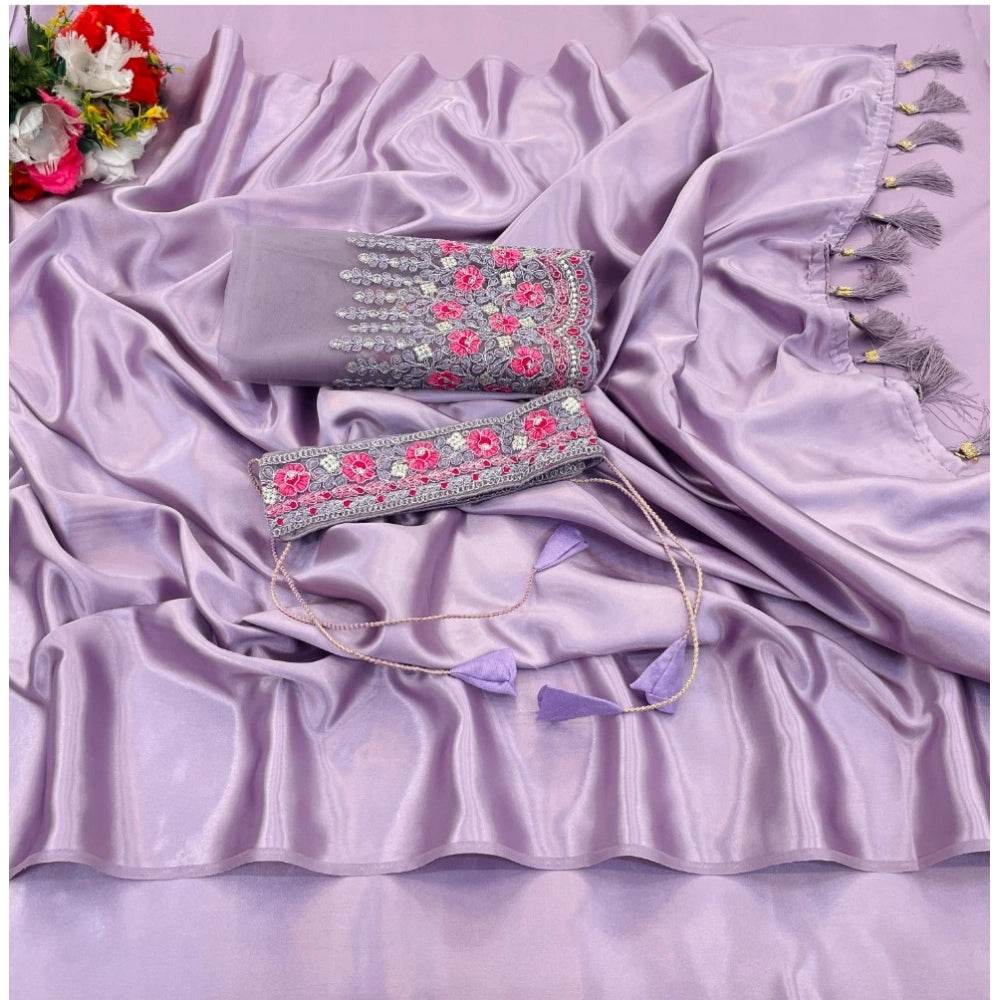 Generic Women's Satin Solid Saree With Unstitched Blouse (Purple, 5-5 Mtrs) - MYLUXURY LANE ENTERPRISE