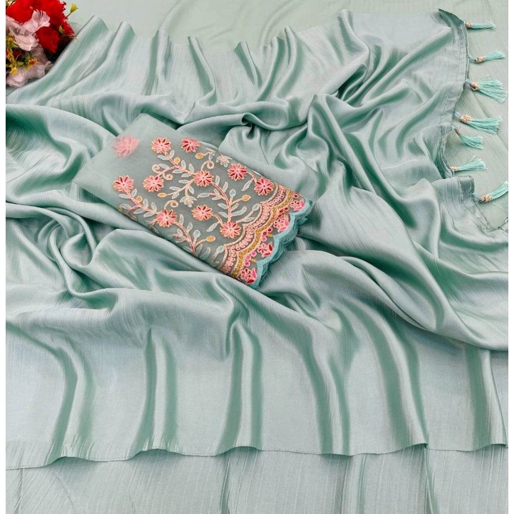 Generic Women's Satin Solid Saree With Unstitched Blouse (Skyblue, 5-5 Mtrs) - MYLUXURY LANE ENTERPRISE