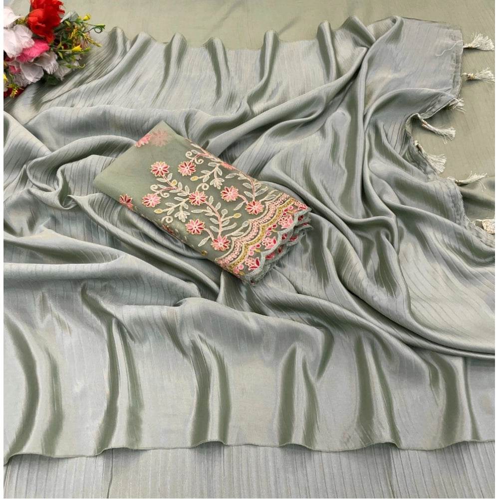 Generic Women's Satin Solid Saree With Unstitched Blouse (Grey, 5-5 Mtrs) - MYLUXURY LANE ENTERPRISE