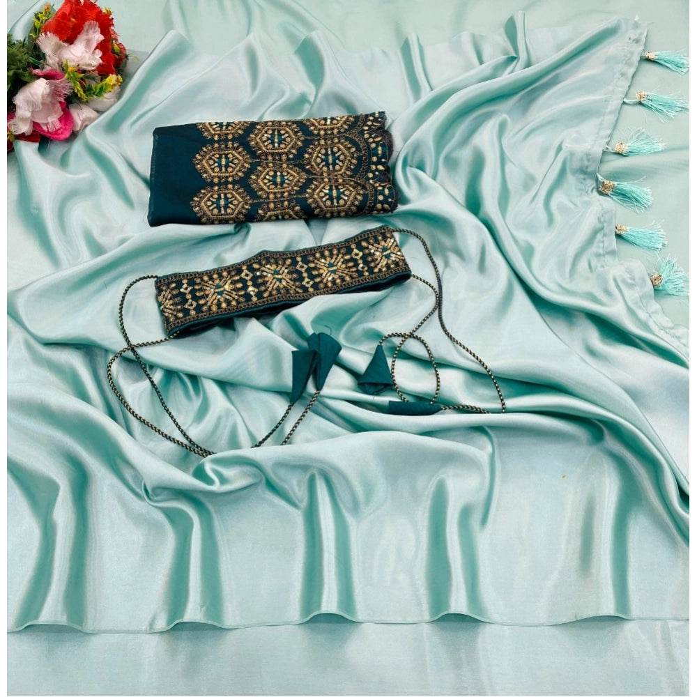 Generic Women's Satin Solid Saree With Unstitched Blouse (Skyblue, 5-5 Mtrs) - MYLUXURY LANE ENTERPRISE