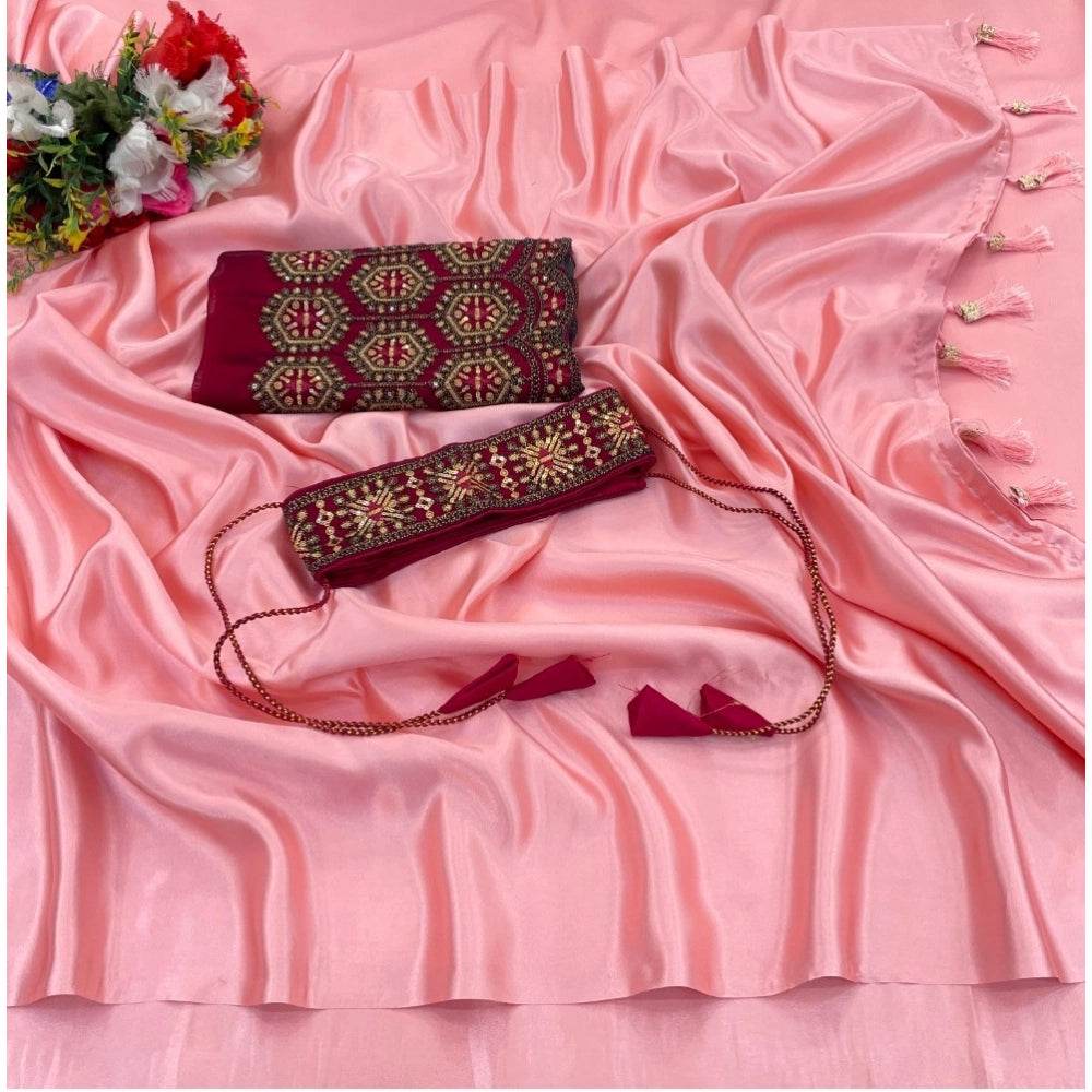 Generic Women's Satin Solid Saree With Unstitched Blouse (Pink, 5-5 Mtrs) - MYLUXURY LANE ENTERPRISE