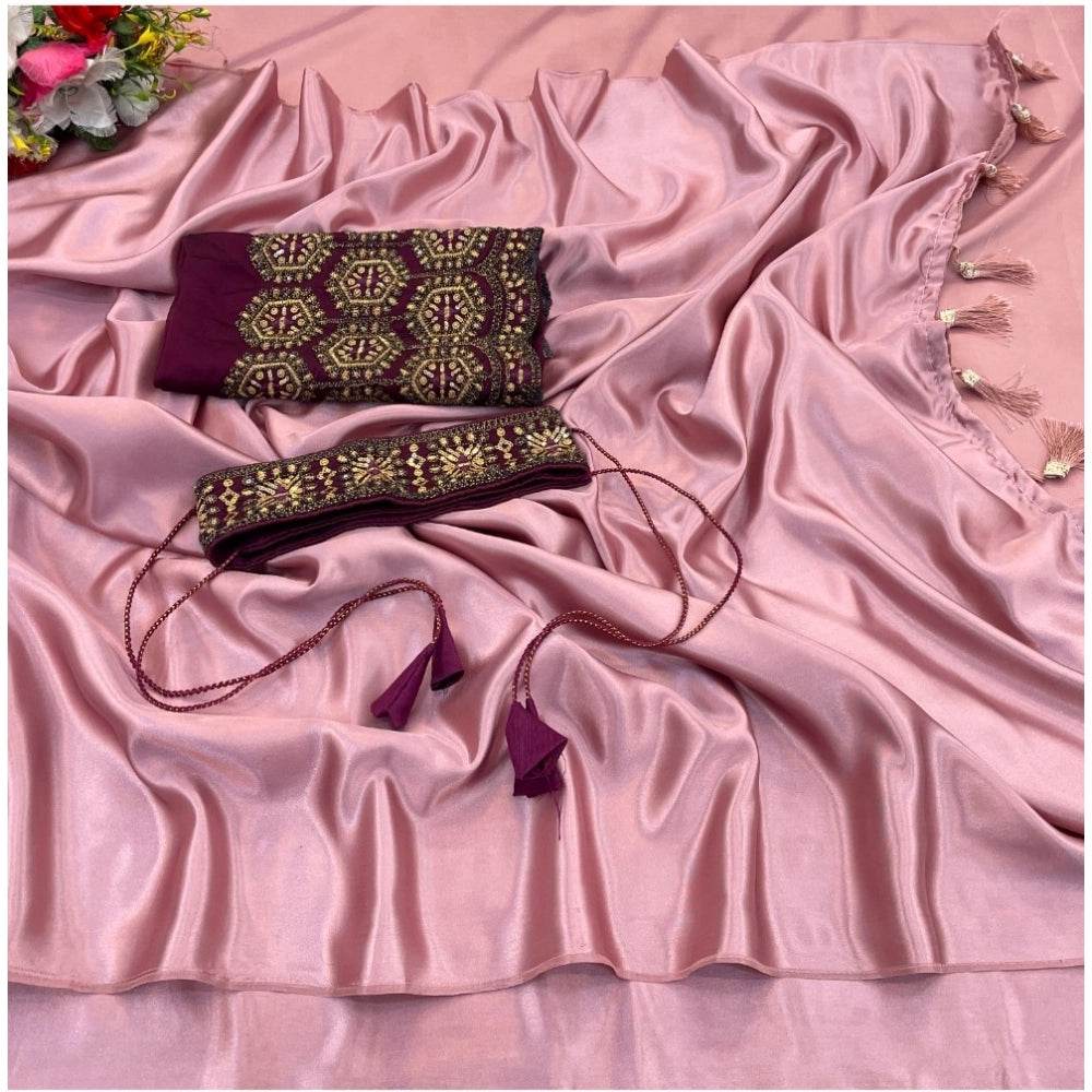 Generic Women's Satin Solid Saree With Unstitched Blouse (Wine, 5-5 Mtrs) - MYLUXURY LANE ENTERPRISE