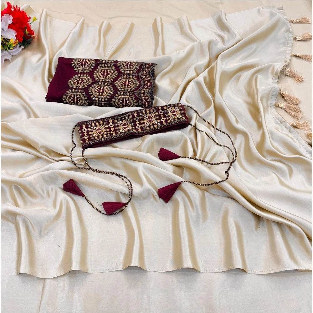 Generic Women's Satin Solid Saree With Unstitched Blouse (Begie, 5-5 Mtrs) - MYLUXURY LANE ENTERPRISE