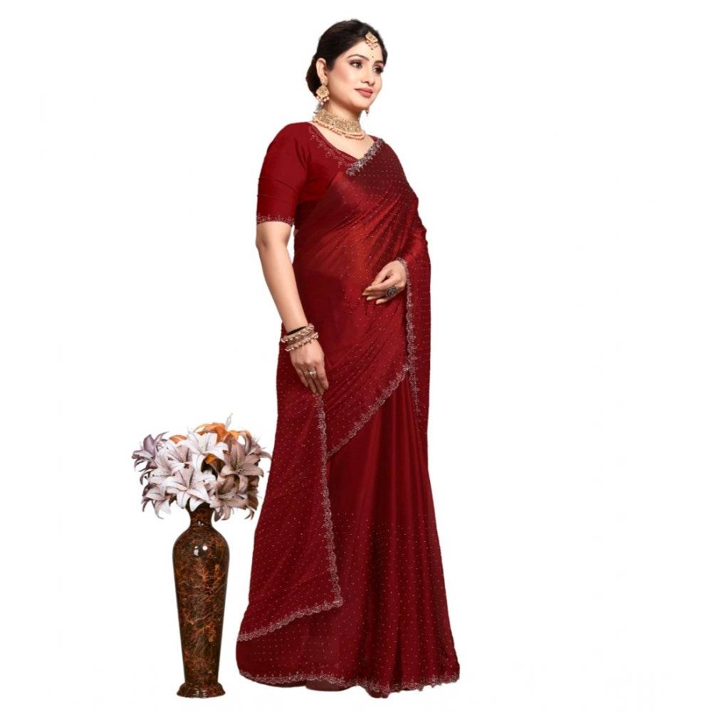 Generic Women's Georgette Satin Silk Saree With Unstitched Blouse 5.5Mtr (Red) - MYLUXURY LANE ENTERPRISE