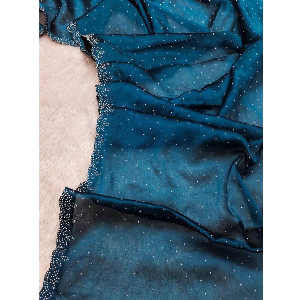 Generic Women's Georgette Satin Silk Saree With Unstitched Blouse 5.5Mtr (Blue) - MYLUXURY LANE ENTERPRISE