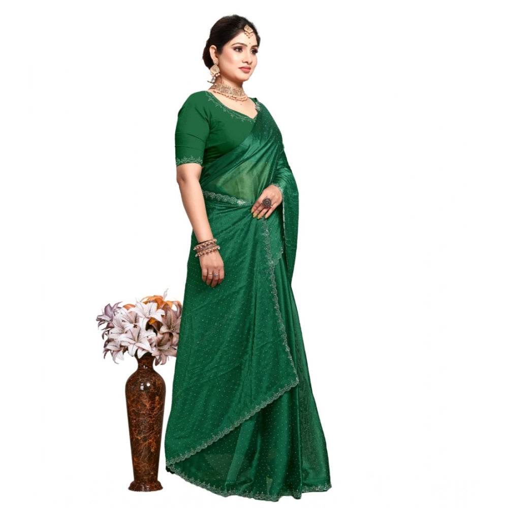 Generic Women's Georgette Satin Silk Saree With Unstitched Blouse 5.5Mtr (Green) - MYLUXURY LANE ENTERPRISE