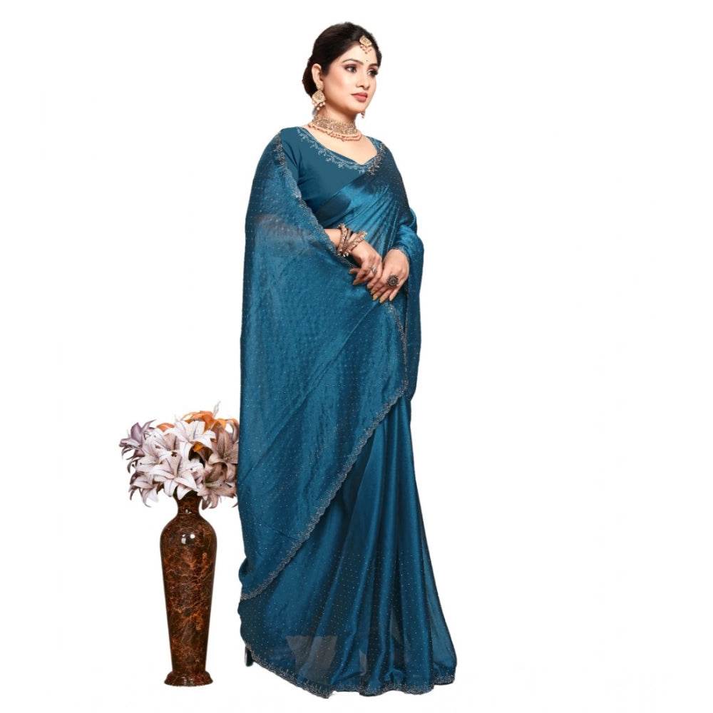 Generic Women's Georgette Satin Silk Saree With Unstitched Blouse 5.5Mtr (Blue) - MYLUXURY LANE ENTERPRISE