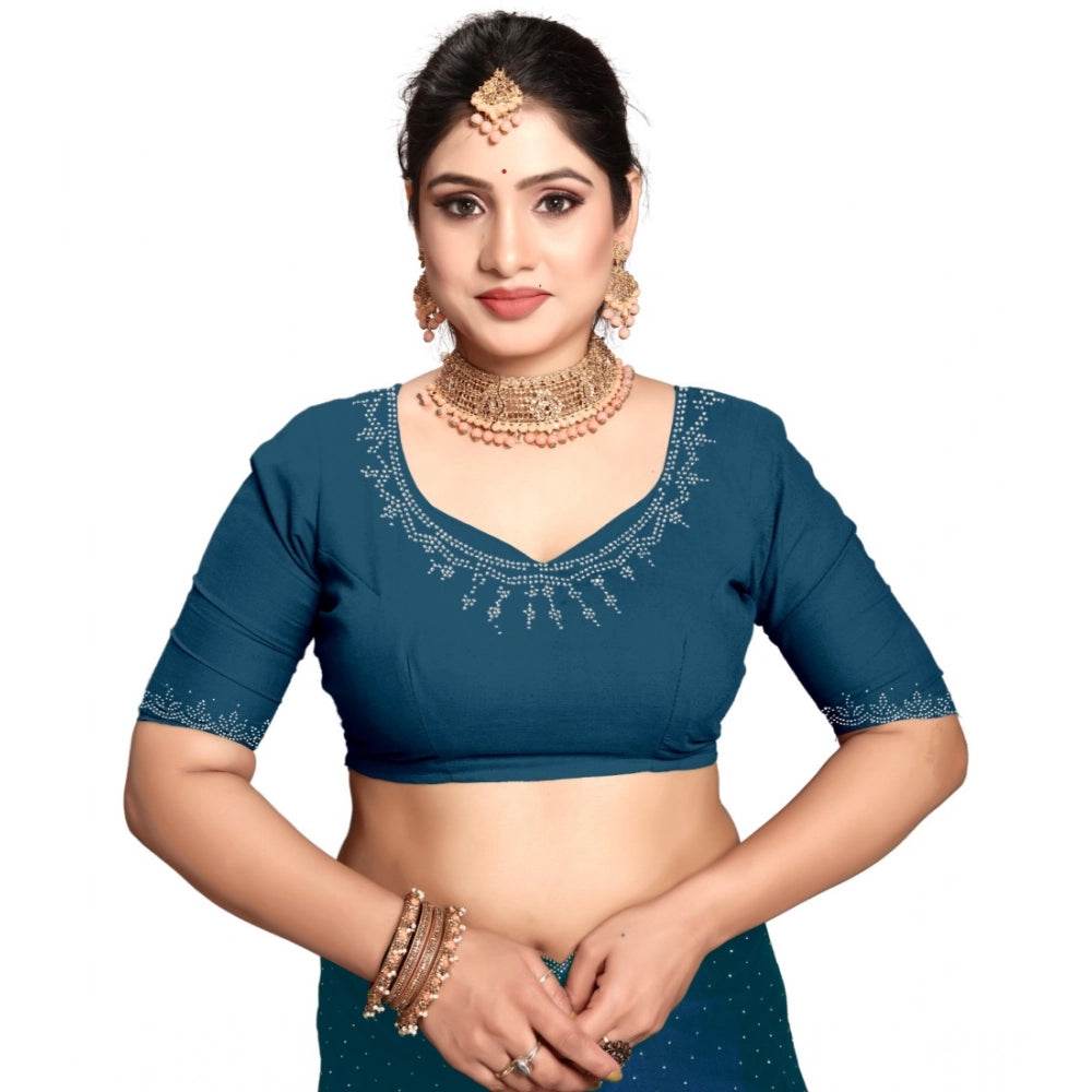 Generic Women's Georgette Satin Silk Saree With Unstitched Blouse 5.5Mtr (Blue) - MYLUXURY LANE ENTERPRISE