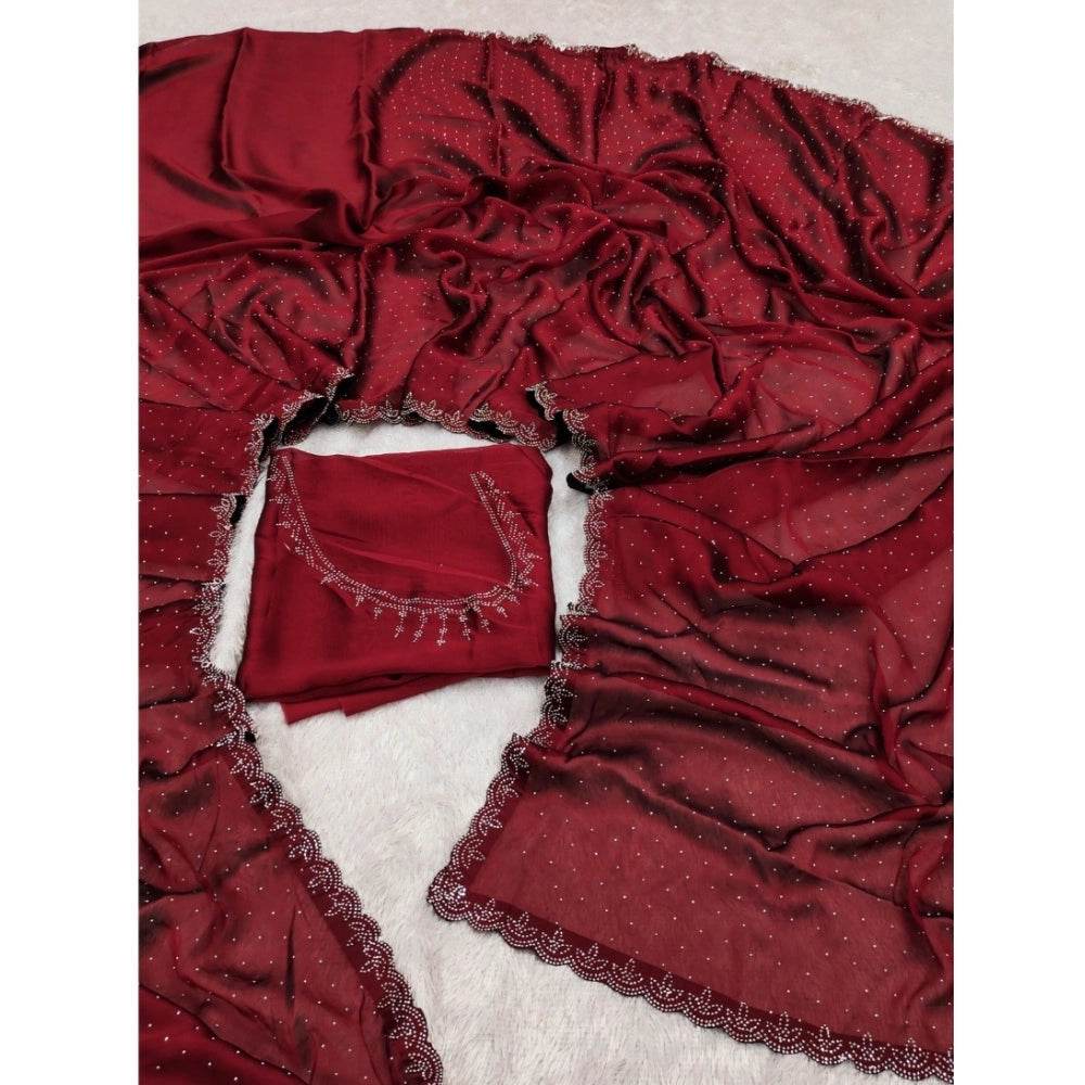 Generic Women's Georgette Satin Silk Saree With Unstitched Blouse 5.5Mtr (Red) - MYLUXURY LANE ENTERPRISE