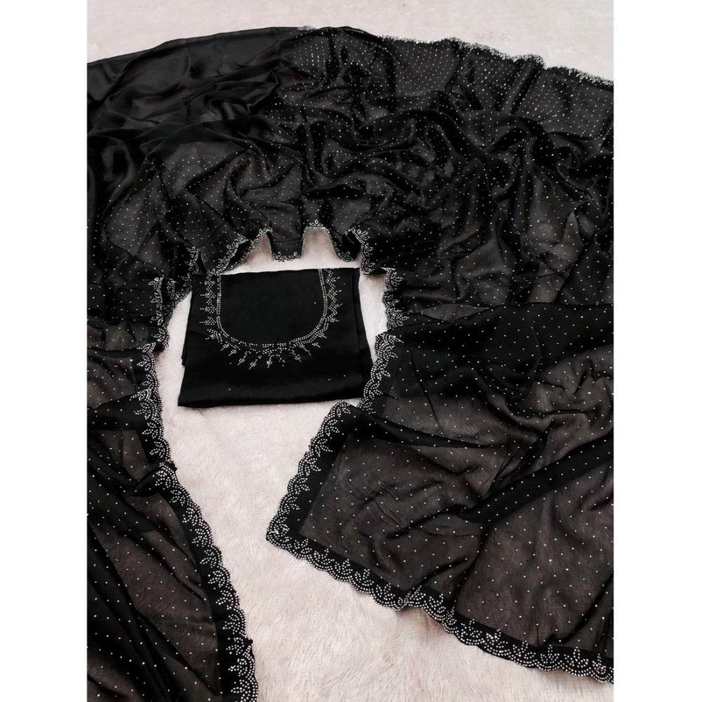 Generic Women's Georgette Satin Silk Saree With Unstitched Blouse 5.5Mtr (Black) - MYLUXURY LANE ENTERPRISE