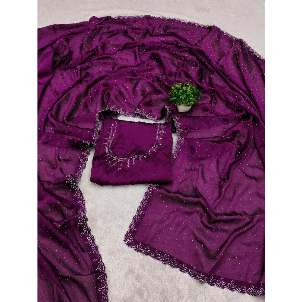 Generic Women's Georgette Satin Silk Saree With Unstitched Blouse 5.5Mtr (Wine) - MYLUXURY LANE ENTERPRISE