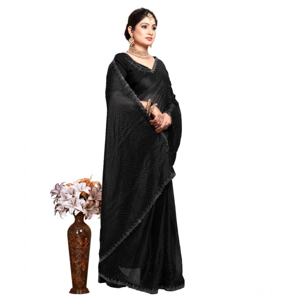 Generic Women's Georgette Satin Silk Saree With Unstitched Blouse 5.5Mtr (Black) - MYLUXURY LANE ENTERPRISE