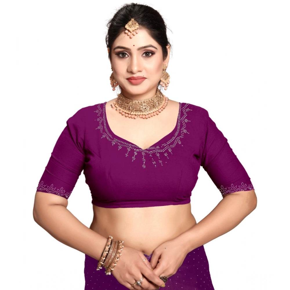 Generic Women's Georgette Satin Silk Saree With Unstitched Blouse 5.5Mtr (Wine) - MYLUXURY LANE ENTERPRISE