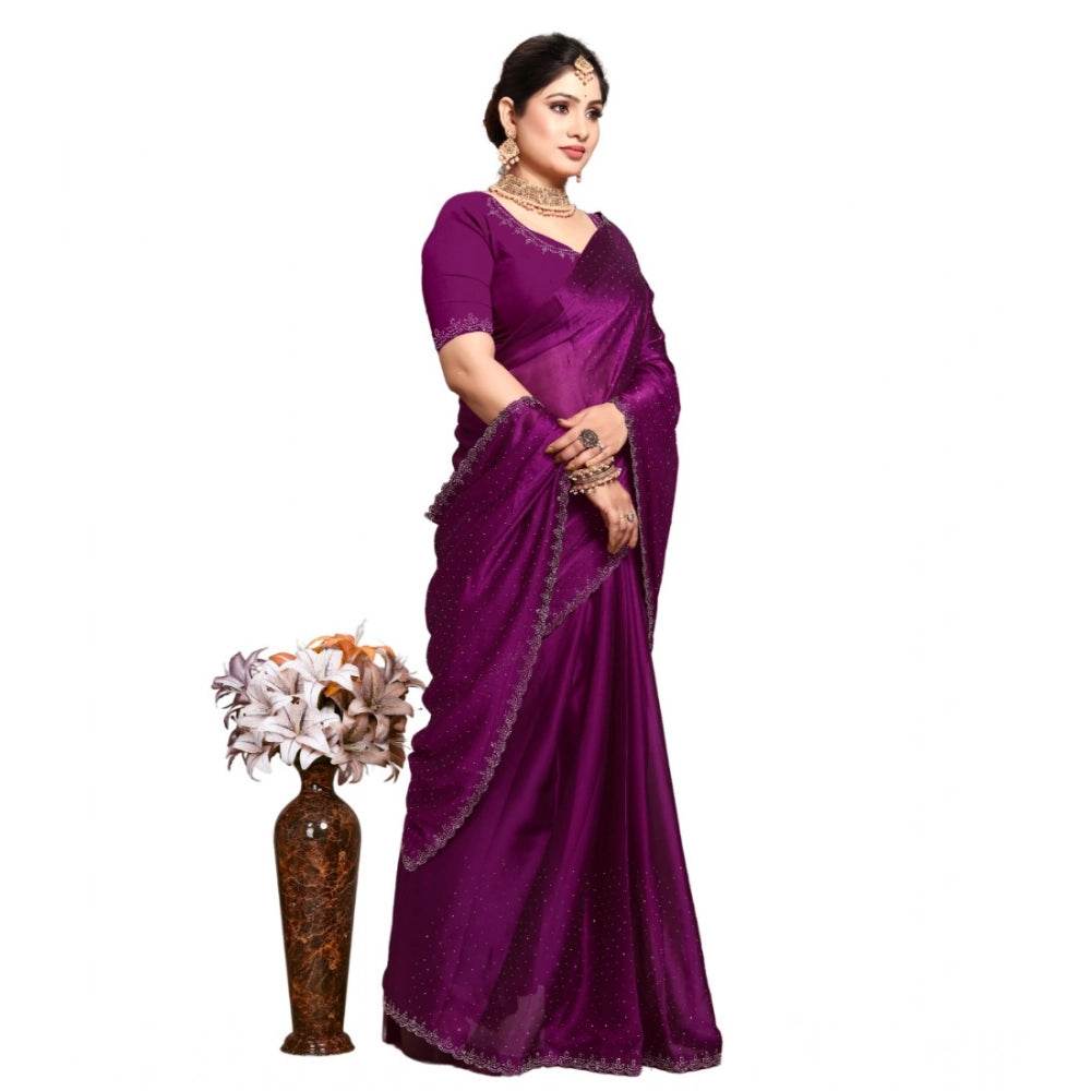 Generic Women's Georgette Satin Silk Saree With Unstitched Blouse 5.5Mtr (Wine) - MYLUXURY LANE ENTERPRISE