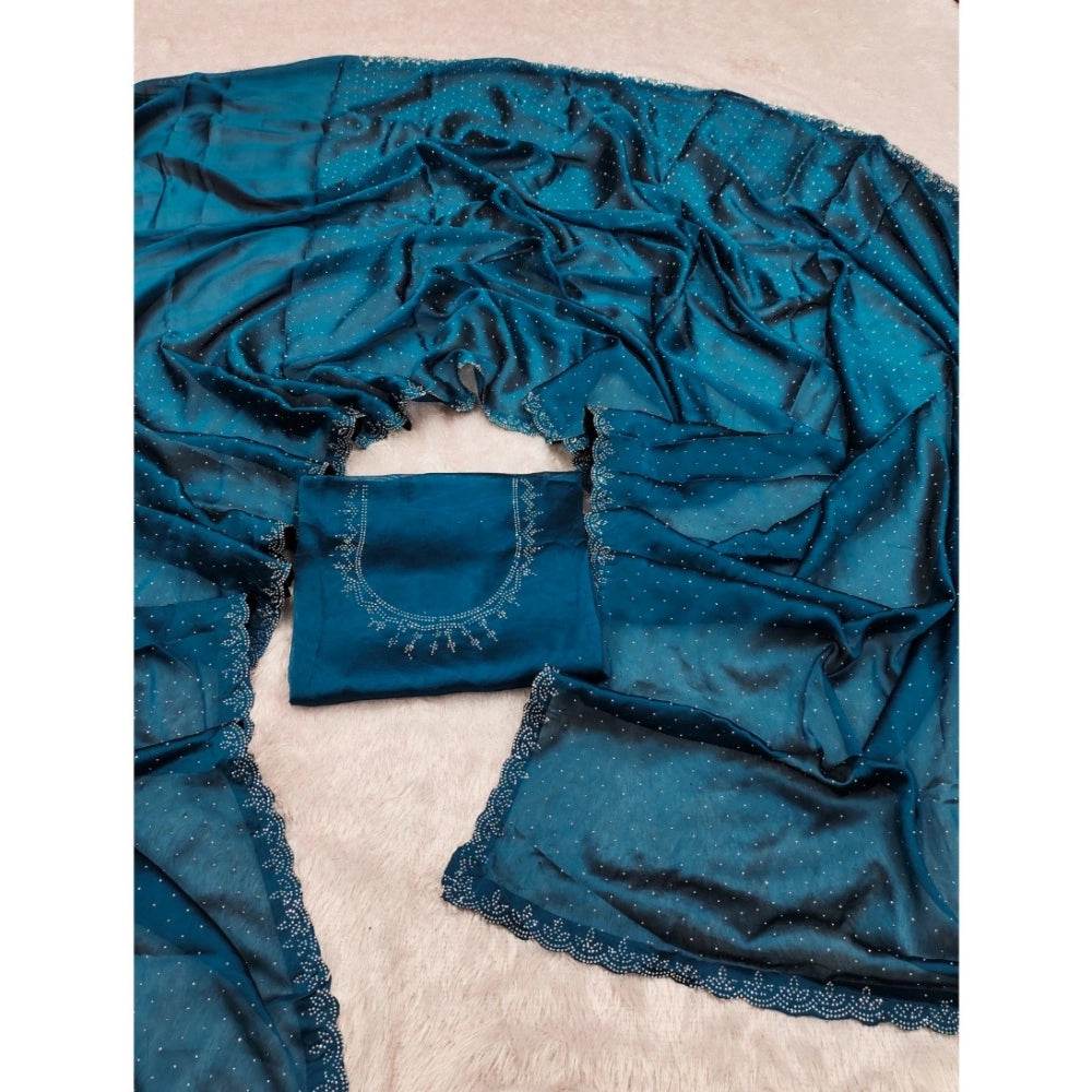 Generic Women's Georgette Satin Silk Saree With Unstitched Blouse 5.5Mtr (Blue) - MYLUXURY LANE ENTERPRISE