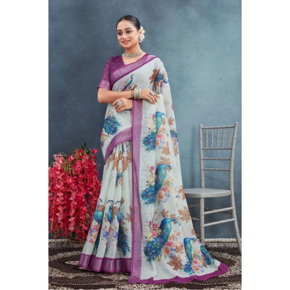 Generic Women's Linen Floral Printed Saree With Unstitched Blouse 5.5Mtr (Magenta) - MYLUXURY LANE ENTERPRISE