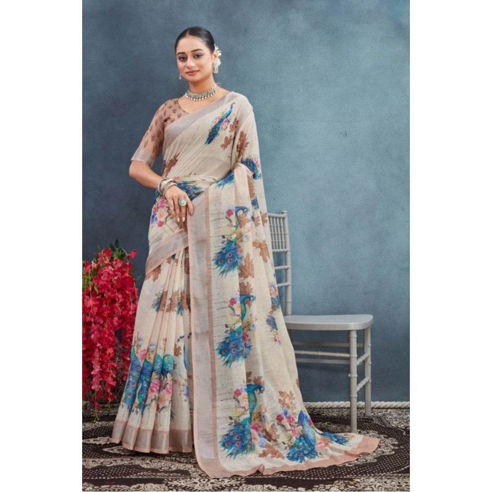 Generic Women's Linen Floral Printed Saree With Unstitched Blouse 5.5Mtr (Beige) - MYLUXURY LANE ENTERPRISE
