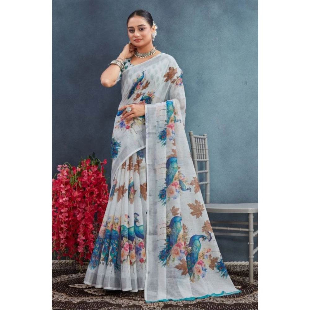 Generic Women's Linen Floral Printed Saree With Unstitched Blouse 5.5Mtr (Off-White) - MYLUXURY LANE ENTERPRISE