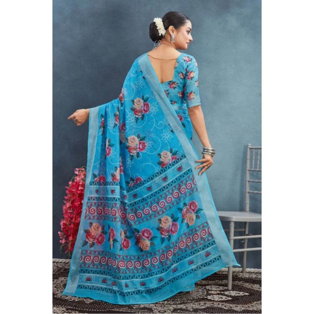 Generic Women's Linen Floral Printed Saree With Unstitched Blouse 5.5Mtr (Blue) - MYLUXURY LANE ENTERPRISE