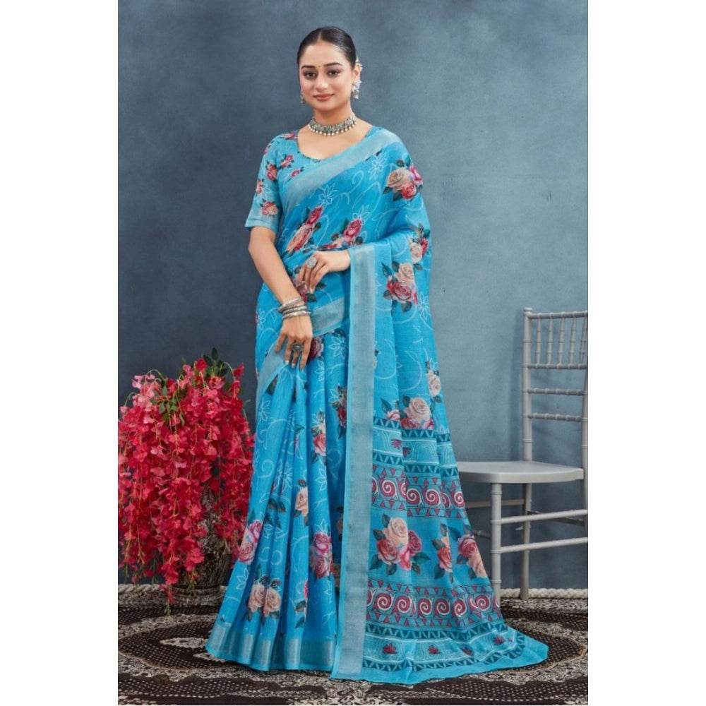 Generic Women's Linen Floral Printed Saree With Unstitched Blouse 5.5Mtr (Blue) - MYLUXURY LANE ENTERPRISE