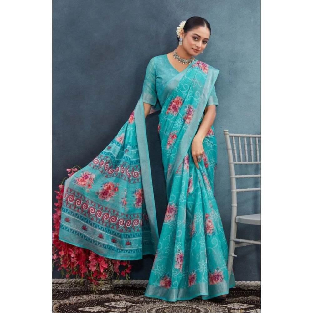 Generic Women's Linen Floral Printed Saree With Unstitched Blouse 5.5Mtr (Aqua) - MYLUXURY LANE ENTERPRISE