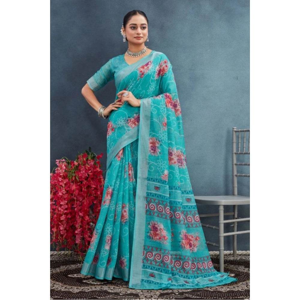 Generic Women's Linen Floral Printed Saree With Unstitched Blouse 5.5Mtr (Aqua) - MYLUXURY LANE ENTERPRISE