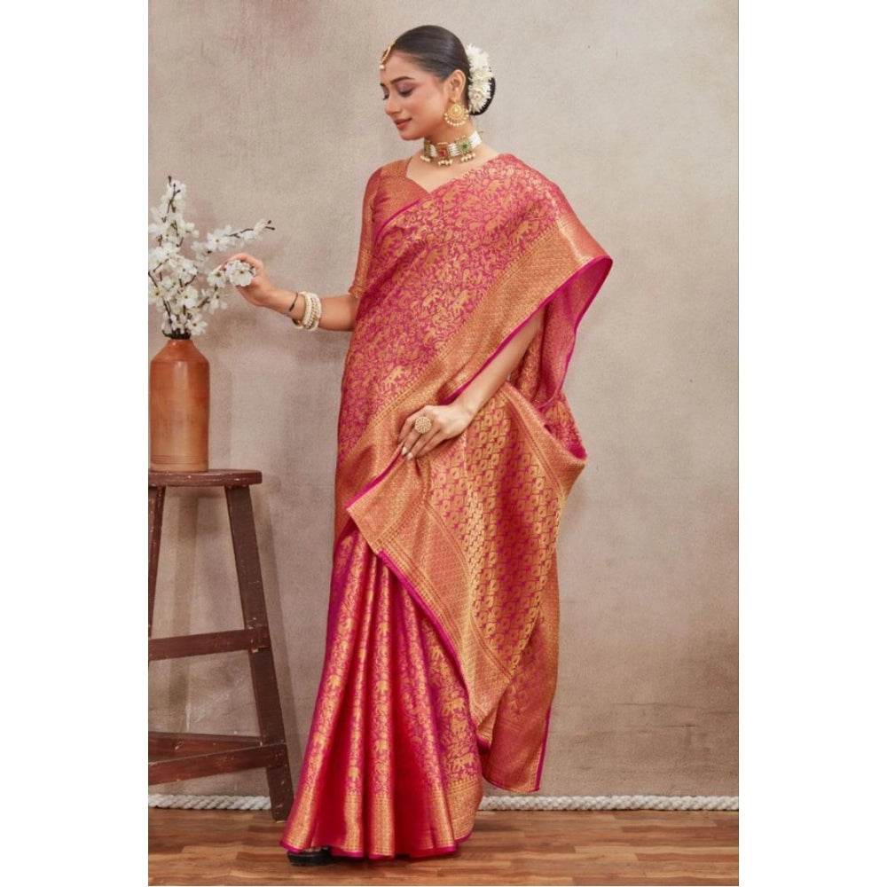 Generic Women's Silk Blend Floral Printed Saree With Unstitched Blouse 5.5Mtr (Pink) - MYLUXURY LANE ENTERPRISE