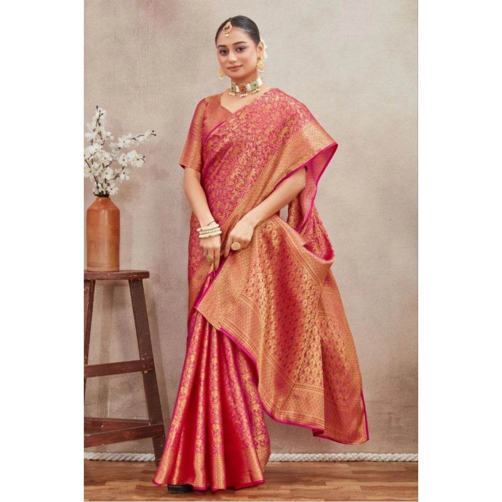 Generic Women's Silk Blend Floral Printed Saree With Unstitched Blouse 5.5Mtr (Peach) - MYLUXURY LANE ENTERPRISE