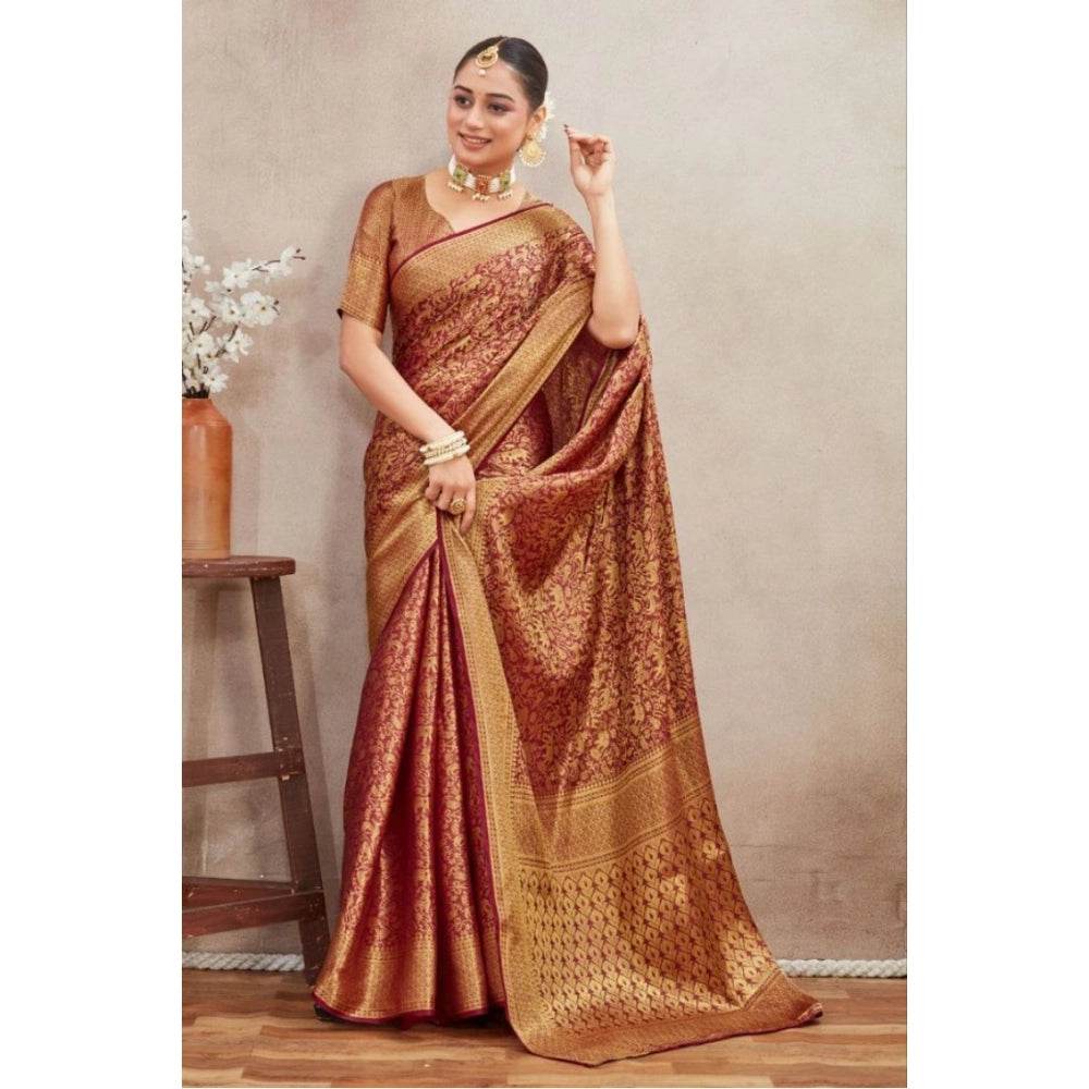 Generic Women's Silk Blend Floral Printed Saree With Unstitched Blouse 5.5Mtr (Brown) - MYLUXURY LANE ENTERPRISE