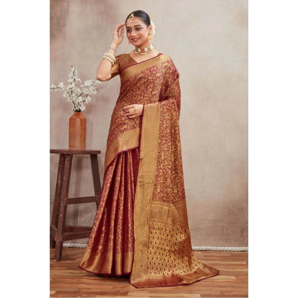 Generic Women's Silk Blend Floral Printed Saree With Unstitched Blouse 5.5Mtr (Brown) - MYLUXURY LANE ENTERPRISE