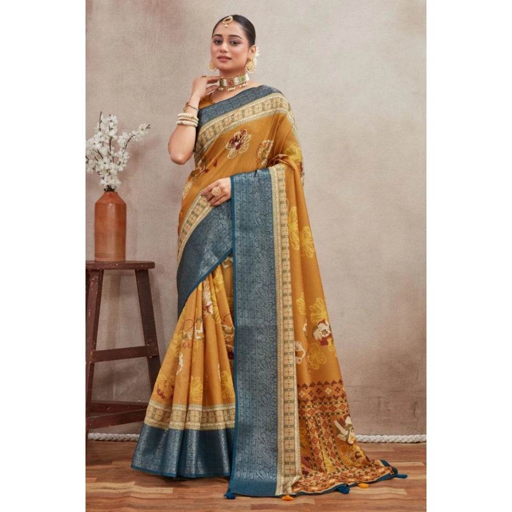 Generic Women's Crepe Silk Printed Saree With Unstitched Blouse 5.5Mtr (Mustard) - MYLUXURY LANE ENTERPRISE