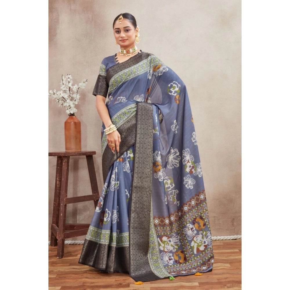 Generic Women's Crepe Silk Printed Saree With Unstitched Blouse 5.5Mtr (Grey) - MYLUXURY LANE ENTERPRISE