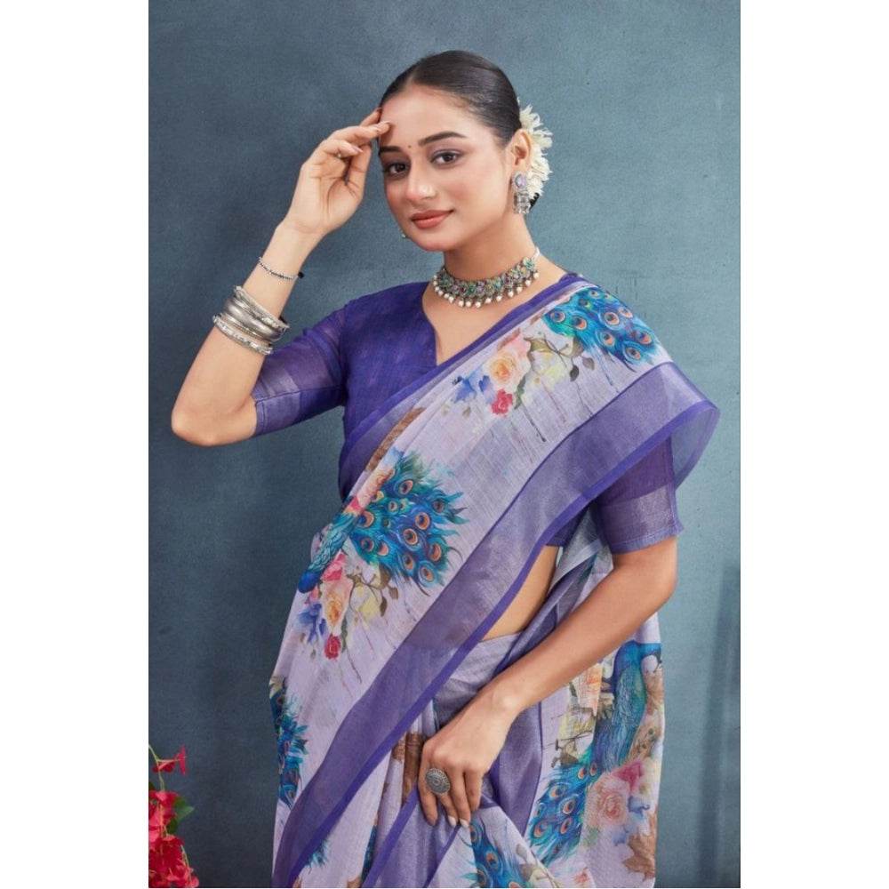 Generic Women's Linen Floral Printed Saree With Unstitched Blouse 5.5Mtr (Purple) - MYLUXURY LANE ENTERPRISE