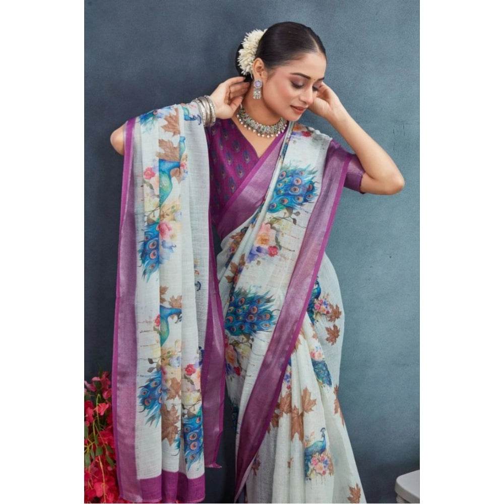 Generic Women's Linen Floral Printed Saree With Unstitched Blouse 5.5Mtr (Magenta) - MYLUXURY LANE ENTERPRISE