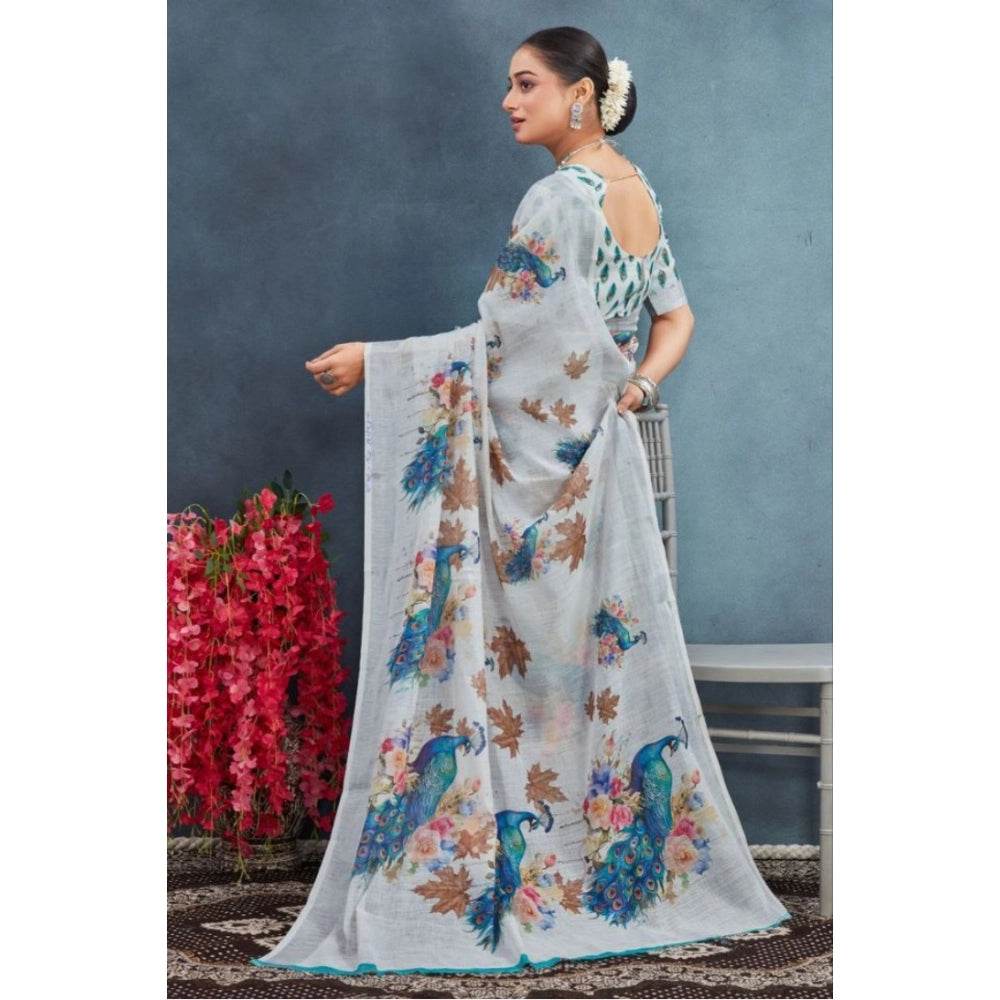 Generic Women's Linen Floral Printed Saree With Unstitched Blouse 5.5Mtr (Off-White) - MYLUXURY LANE ENTERPRISE