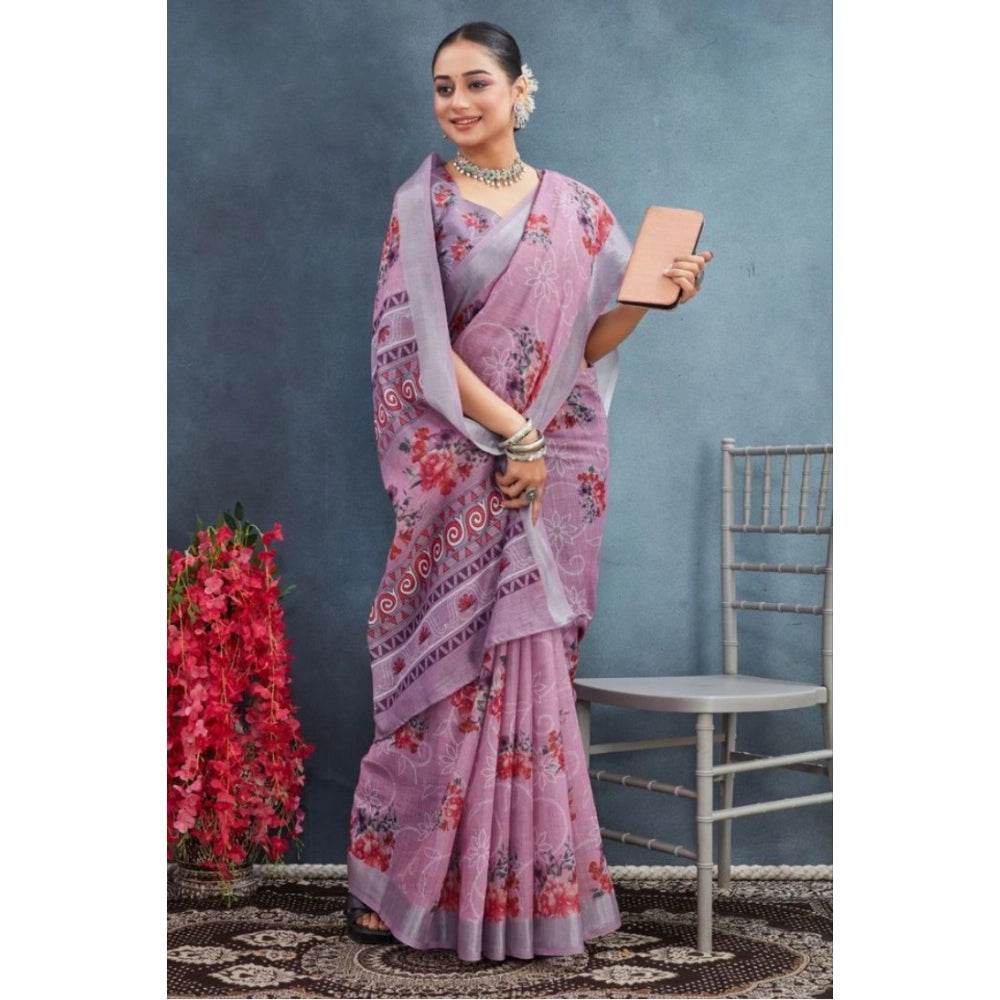 Generic Women's Linen Floral Printed Saree With Unstitched Blouse 5.5Mtr (Purple) - MYLUXURY LANE ENTERPRISE