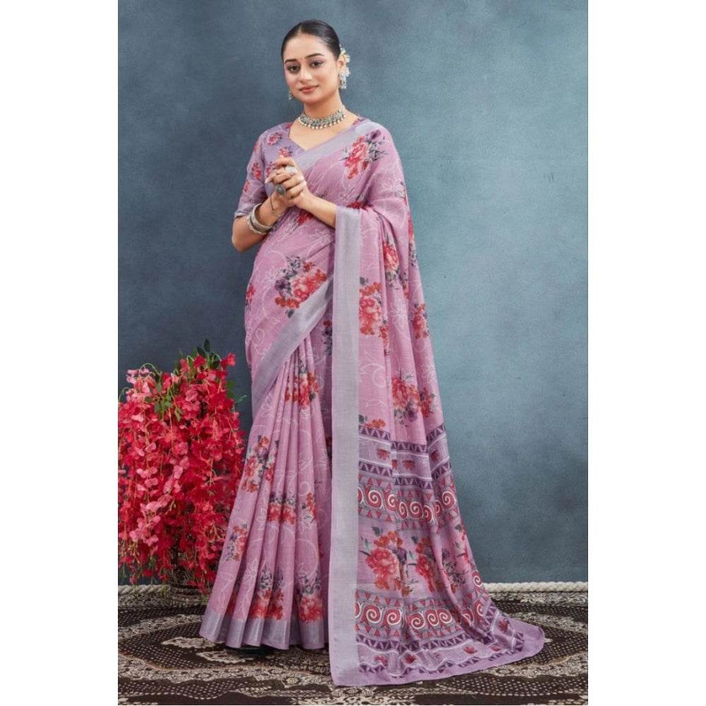 Generic Women's Linen Floral Printed Saree With Unstitched Blouse 5.5Mtr (Purple) - MYLUXURY LANE ENTERPRISE