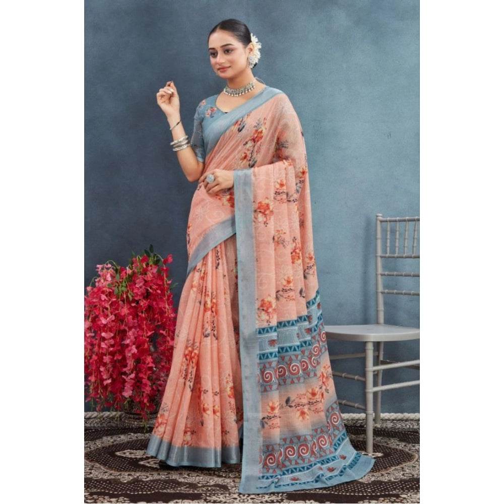 Generic Women's Linen Floral Printed Saree With Unstitched Blouse 5.5Mtr (Orange) - MYLUXURY LANE ENTERPRISE