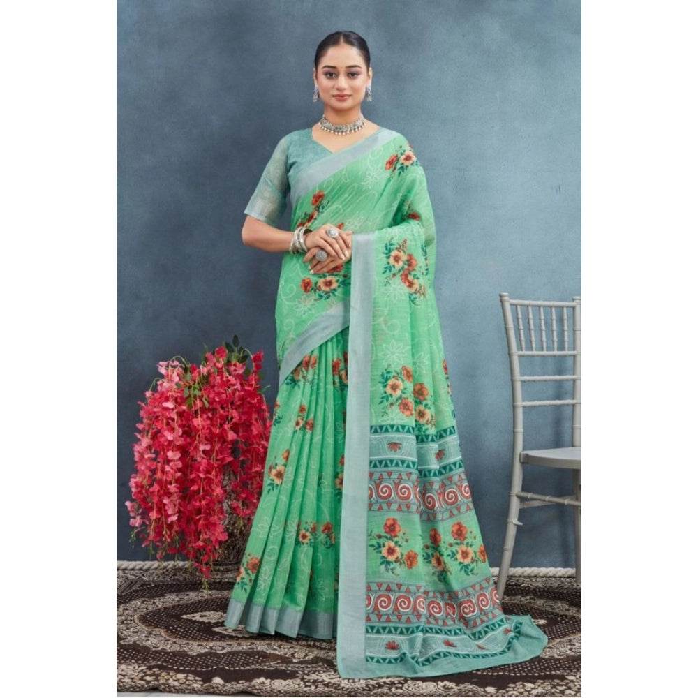 Generic Women's Linen Floral Printed Saree With Unstitched Blouse 5.5Mtr (Green) - MYLUXURY LANE ENTERPRISE