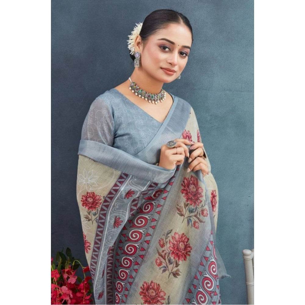 Generic Women's Linen Floral Printed Saree With Unstitched Blouse 5.5Mtr (Beige) - MYLUXURY LANE ENTERPRISE