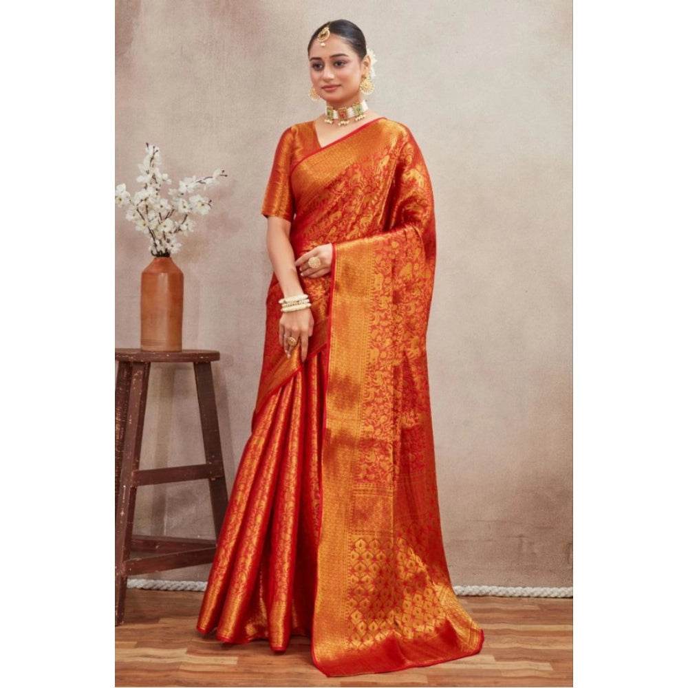 Generic Women's Silk Blend Floral Printed Saree With Unstitched Blouse 5.5Mtr (Red) - MYLUXURY LANE ENTERPRISE