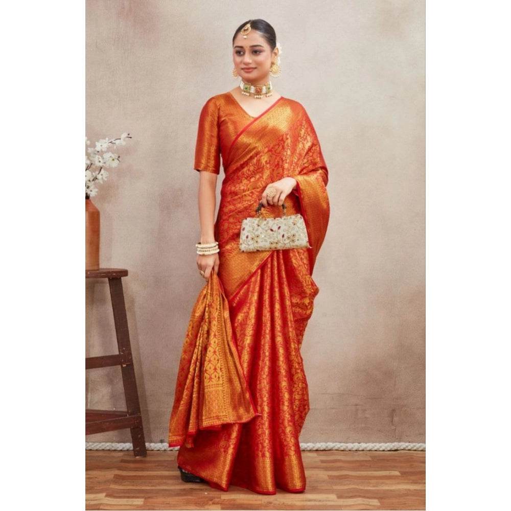 Generic Women's Silk Blend Floral Printed Saree With Unstitched Blouse 5.5Mtr (Red) - MYLUXURY LANE ENTERPRISE